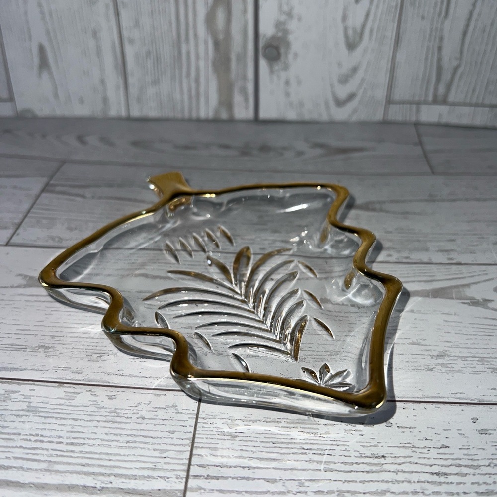 Christmas Tree Tray Decorative Clear Glass Gold Rim Leaf Shape Trinket Holiday